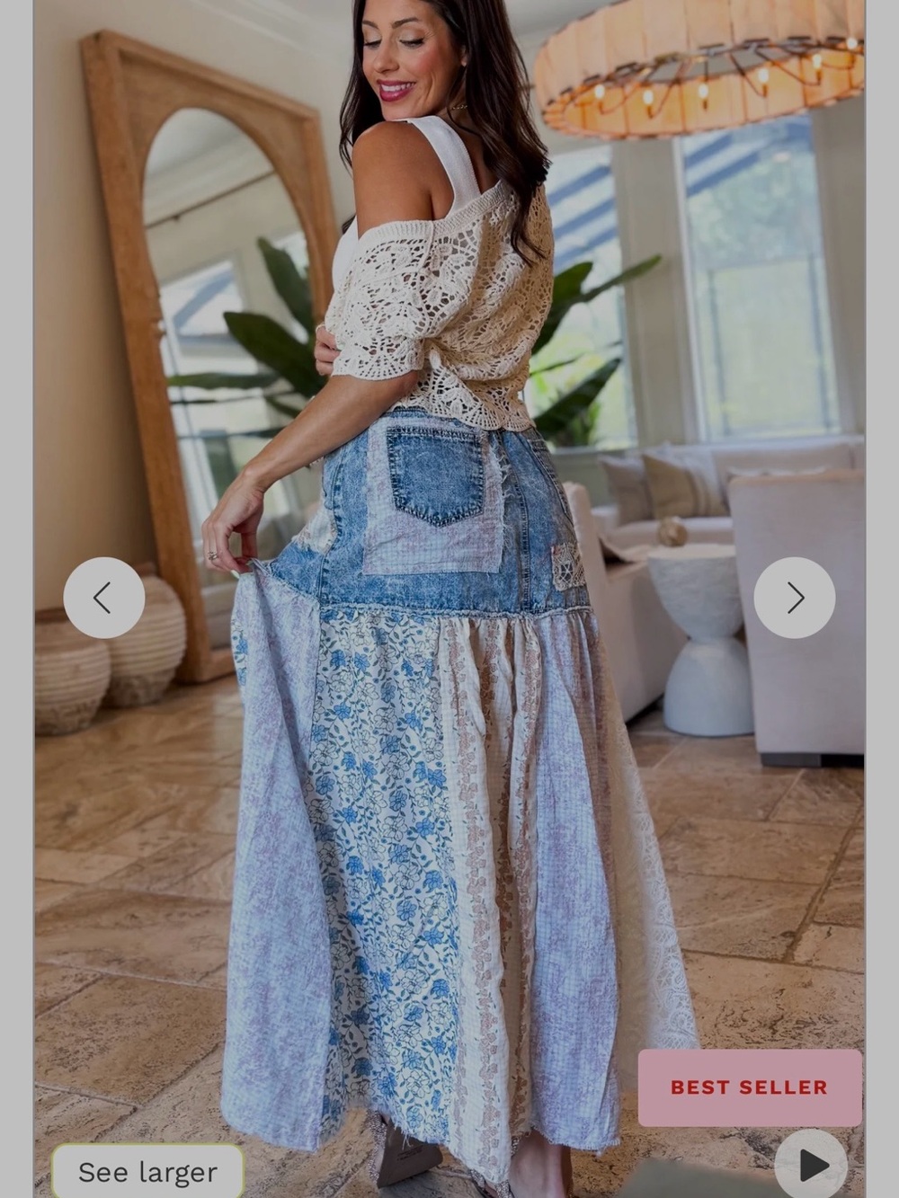POL Patchwork Maxi Skirt in Light Blue Denim and Cream - Picture 4 of 5